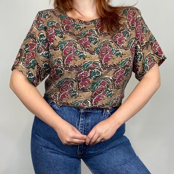 Vintage 80s Stunt Collections 100% Silk Neutral Brown Abstract Print Blouse Tee - Picture 2 of 13